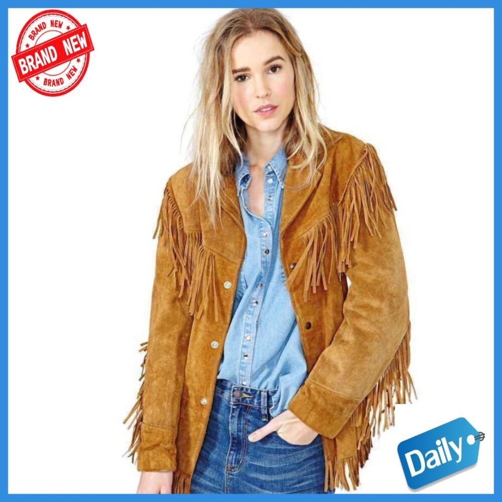 Genuine Suede Leather Cowgirl Jacket with Fringe Tassels Western Style